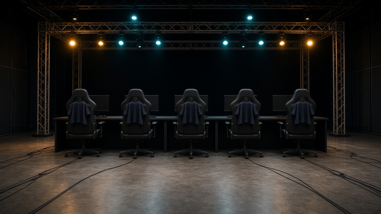 Bancada de cinco cadeiras vazias iluminada por truss