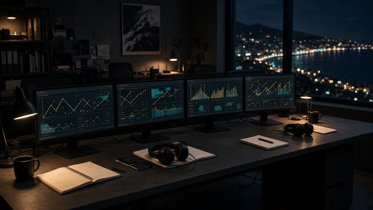 Redação de esports à noite, com monitores e luz urbana