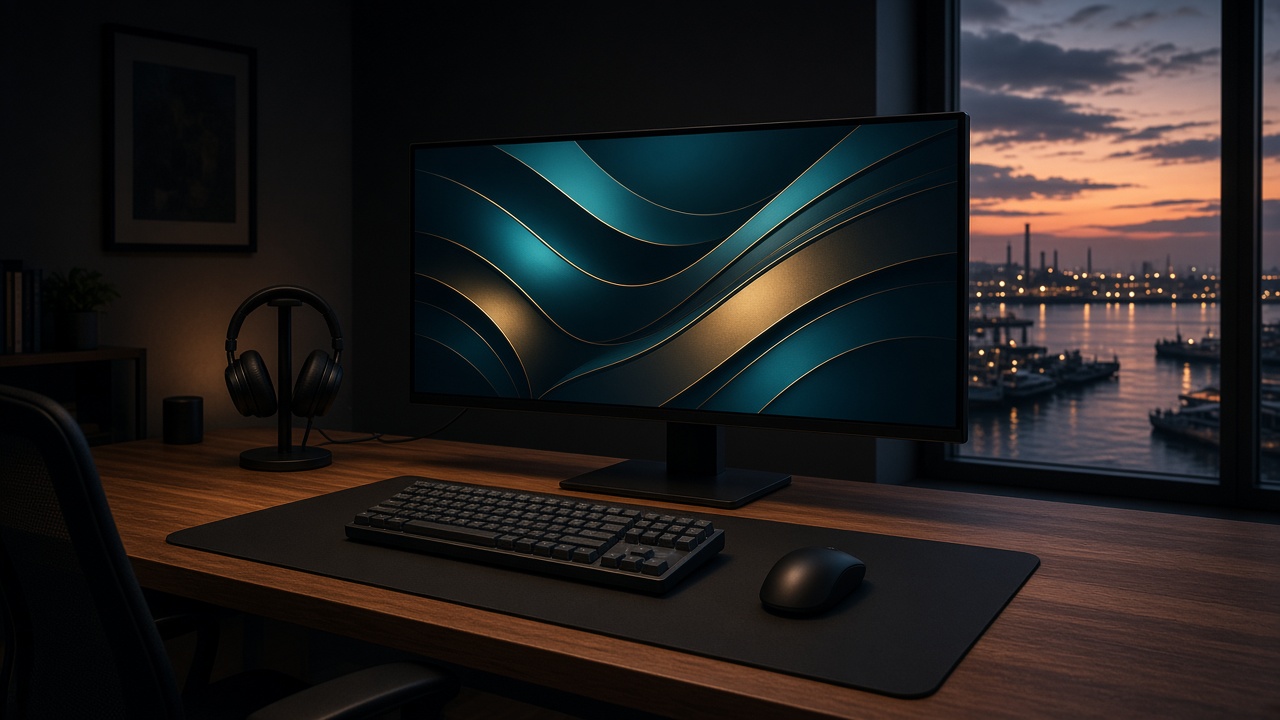 Setup escuro com monitor panorâmico, teclado e janela para a cidade