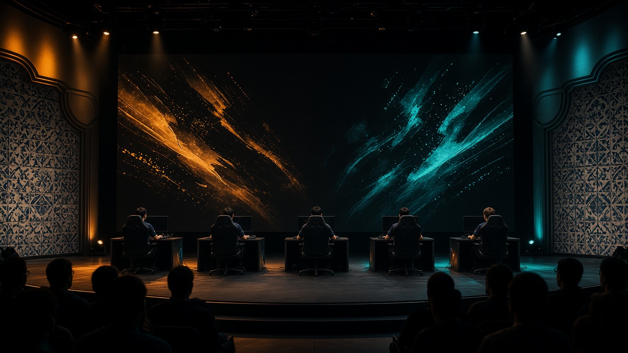 Estações de jogo alinhadas num palco escuro